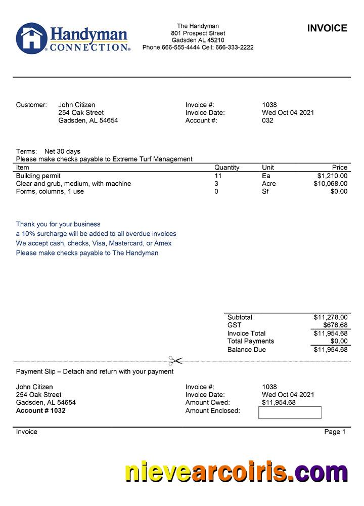 USA Handyman Home Service Company invoice